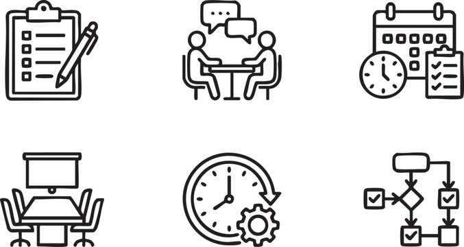 Financial Reports Meeting Conference and Business Strategy Line Icons Set