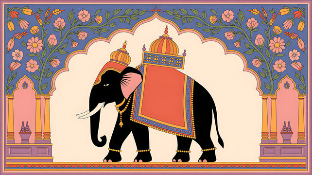 Indian maharaja riding decorated elephant in procession on grunge background
