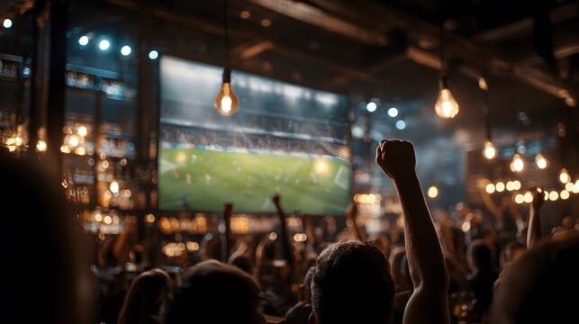 Excited crowd cheering at a sports bar while watching a soccer match on TV