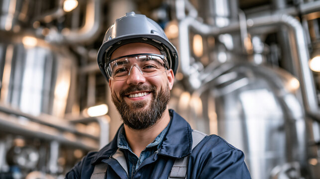 Portrait d'un employ&eacute; d'usine souriant devant des r&eacute;servoirs en acier, concept de d&eacute;veloppement de l'industrie chimique en France, image g&eacute;n&eacute;r&eacute;e par l'IA