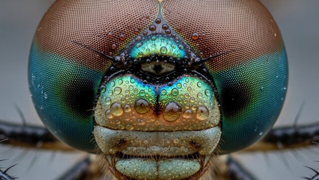 Extreme macro photo of a dragonfly's head with water droplets.