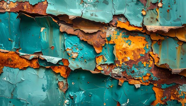 A close-up of a weathered wall with peeling turquoise and orange paint