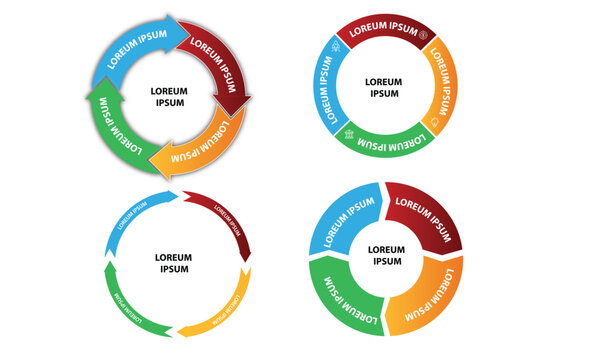Collection of vector circle chart infographic templates for presentations, advertising, layouts, annual reports. 4 options, steps, parts	