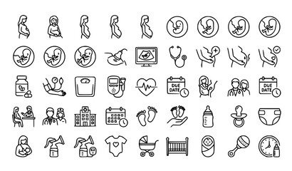 Modern pregnancy outline icon collection with maternity care and prenatal baby vector illustrations