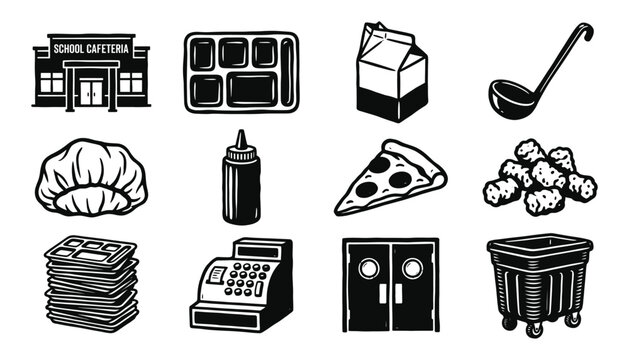 School cafeteria icons in vintage woodcut style for educational and food service marketing
