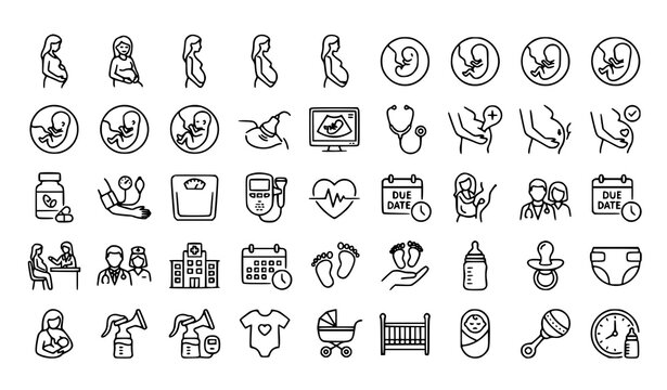 Modern pregnancy outline icon collection with maternity care and prenatal baby vector illustrations