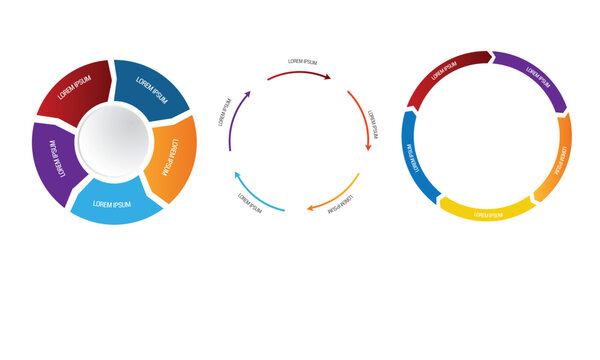 Collection of vector circle chart infographic templates for presentations, advertising, layouts, annual reports. 5 options, steps, parts	