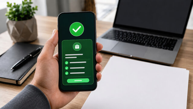 Mobile phone hand green screen checkmark application approval office desk indeed mobile phone screen with green checkmark shows application