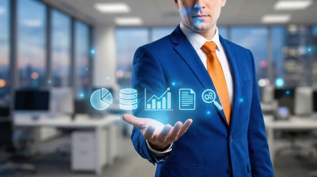 Professional man in blue suit presenting hovering digital data analysis icons in office.