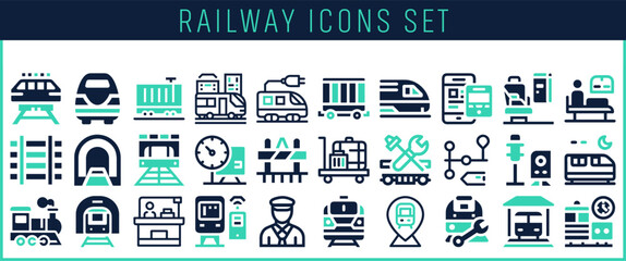 Collection of various flat icons representing modern railway transportation system services © Ahsanul