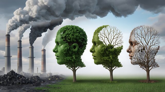 Industrial pollution's impact on nature Human-tree profiles decay from lush to barren, symbolizing environmental degradation and climate change