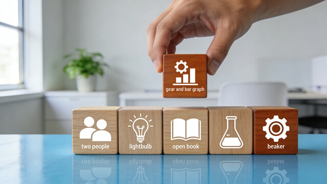 Hands placing a block with a graph icon on top of other blocks with various icons on a blue table indoors.