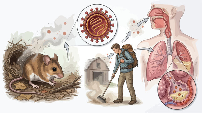 Hantavirus transmission cycle vector illustration, respiratory infection from rodent droppings, medical diagram of virus spreading to human lungs
