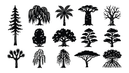 Minimalist tree silhouette set for sustainable landscape design and ecological branding