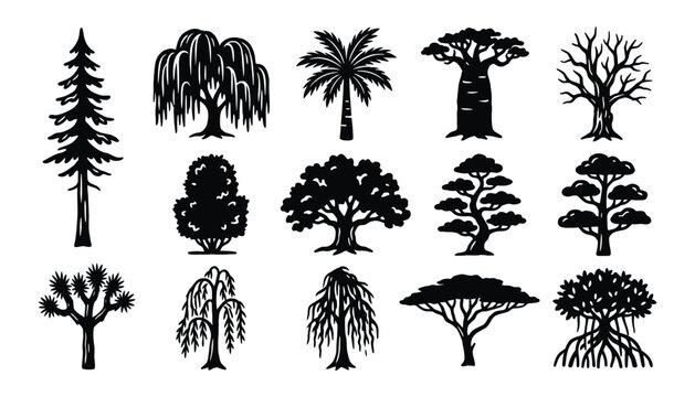 Minimalist tree silhouette set for sustainable landscape design and ecological branding