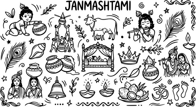 Janmashtami Festival Elements Black and White Line Art Doodle Set for Hindu Culture Celebration