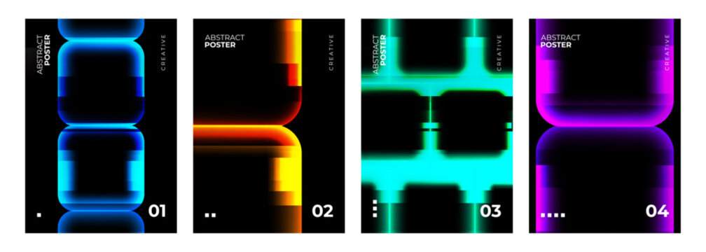 Abstract Posters Collection. Glass effect. Vibrant neon colored gradient geometric shapes on black background. Creative graphic designs. Vector illustration.