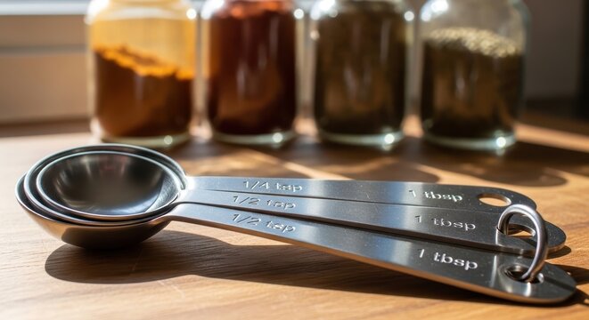Measuring Spoons Displayed with Ingredient Jars in Bright Kitchen Setting