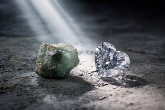 Raw green gemstone next to sparkling faceted heart diamond on textured stone surface.