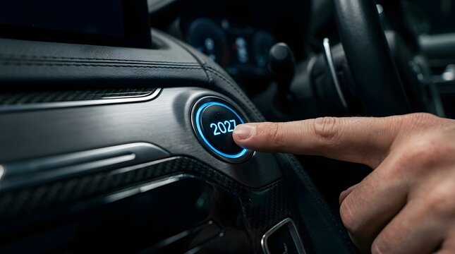Close up of a hand pressing a start stop button inside a modern luxury vehicle interior illuminated in blue