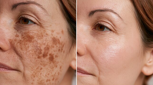 A pigmentation treatment before and after split showing dark melasma patches on the left and an even glowing uniform skin tone on the right.