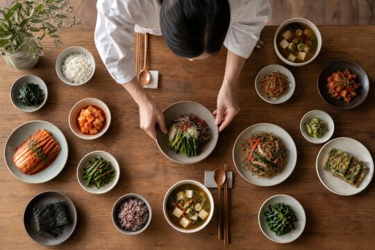 Traditional Korean meal preparation with assorted banchan side dishes, rice, and handmade noodle soup, top-down aerial view on rustic wooden table