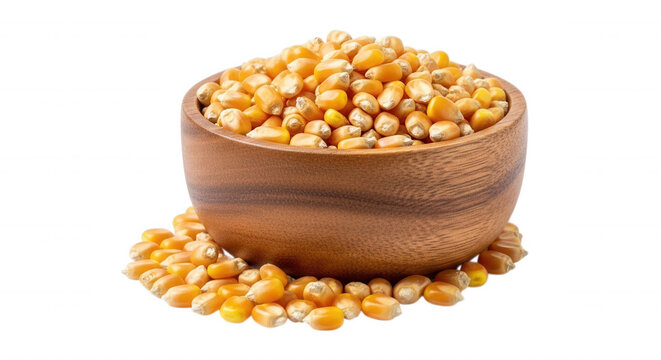 A wooden bowl filled with dried yellow corn kernels, isolated on a solid black background, with spilled grains, at the base