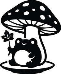 Fototapeta premium Cute little frog sitting under a mushroom holding a leaf silhouette vector
