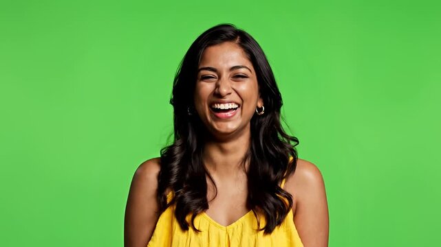 Joyful Woman Laughing Heartily Against a Vibrant Green Screen Background.