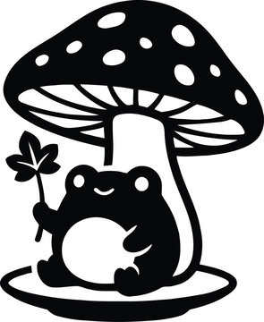 Cute little frog sitting under a mushroom holding a leaf silhouette vector