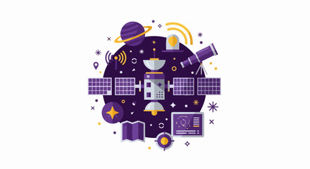 Fototapeta premium Space Exploration and Global Communication Satellite Vector Illustration with Planet, Telescope, and Digital Data Icons