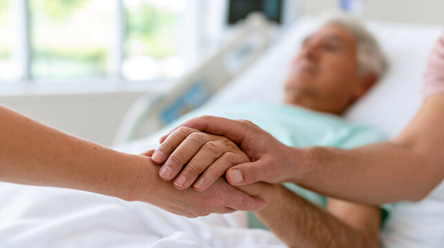Cancer Palliative Care. Close-up of unrecognizable elderly cancer patient resting in hospital bed while family member gently holds his hand.