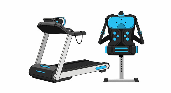 VR Fitness Equipment Set featuring Treadmill and Haptic Feedback Vest for Immersive Virtual Reality Workouts and Metaverse Training Illustration