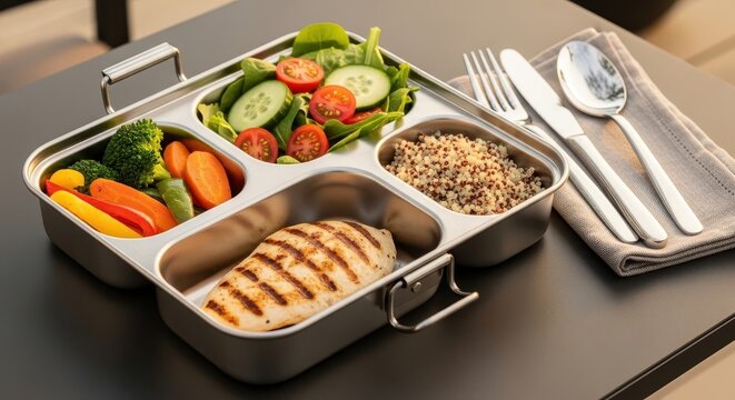 Metal Mess Kit Holding Grilled Chicken with Salad and Quinoa