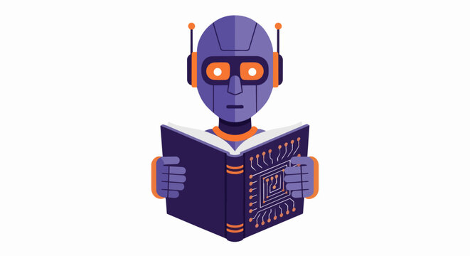 AI Robot Character Reading a Book with Digital Circuitry Design, Machine Learning and Artificial Intelligence Education Concept Illustration