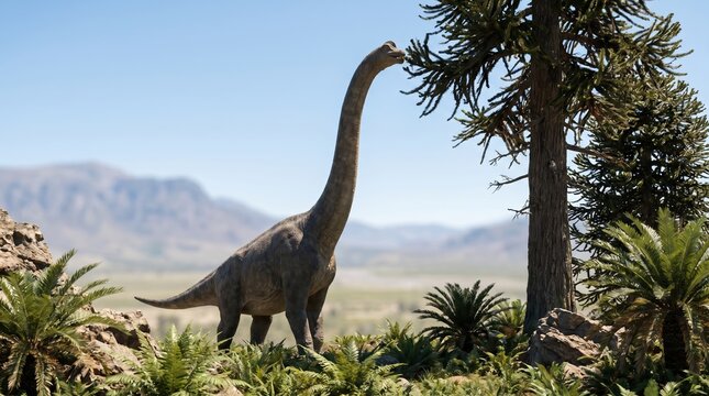 Herbivore sauropod Brachiosaurus dinosaur feeding on tall trees in a prehistoric valley