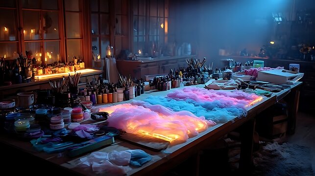 Creative cosplay workshop desk with fabric scraps and armor parts images​