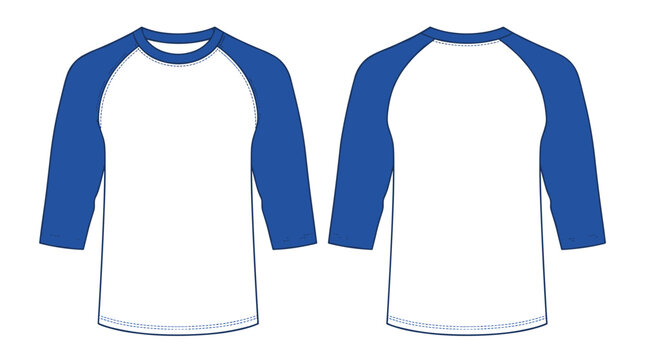 Blue and white raglan baseball shirt 3/4 sleeve template vector illustration on transparent background