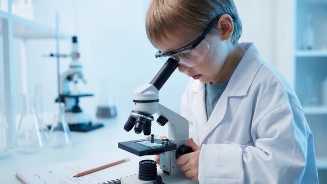 Young student using microscope in school laboratory, science education, curiosity and early learning concept in modern classroom setting.