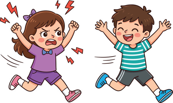 Angry cartoon girl chasing a happy laughing boy with contrast of human emotions isolated on white background