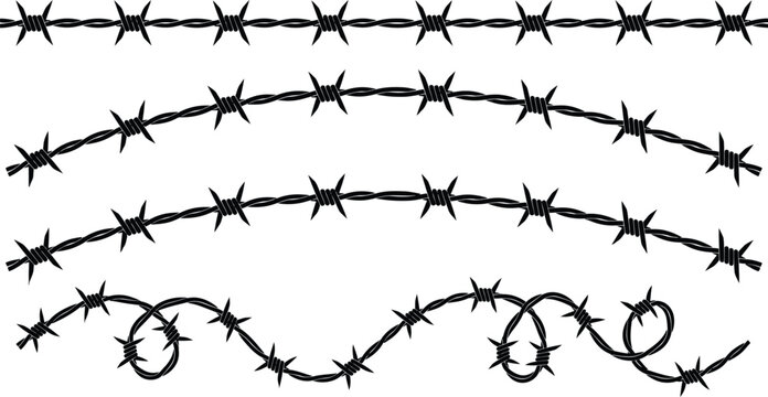 Black silhouette vectors of barbed wire fences with straight curved and tangled elements isolated on a white background
