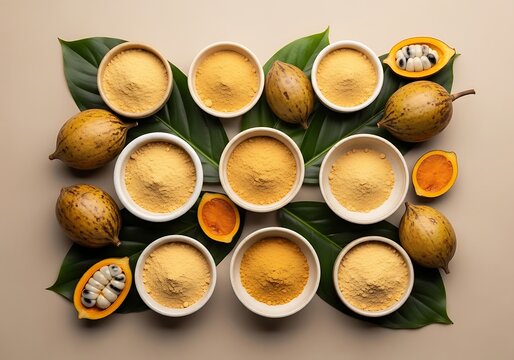 Fresh lucuma fruit and powder in small bowls with green leaves. lucuma powder
