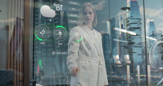 White Woman Watches a Futuristic City Through an Interactive Smart Holographic Window Showing App with Weather, Biometric Market Hud Metrics. Predictive Analytics in a Static Medium-wide Shot.