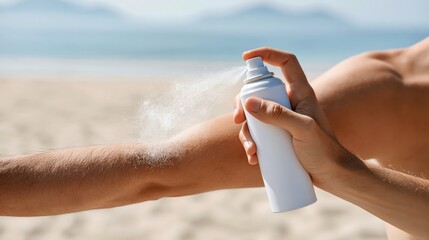 Naklejka premium A person spraying a plain white blank sunscreen aerosol can on their arm at the beach with the blank front facing the camera.