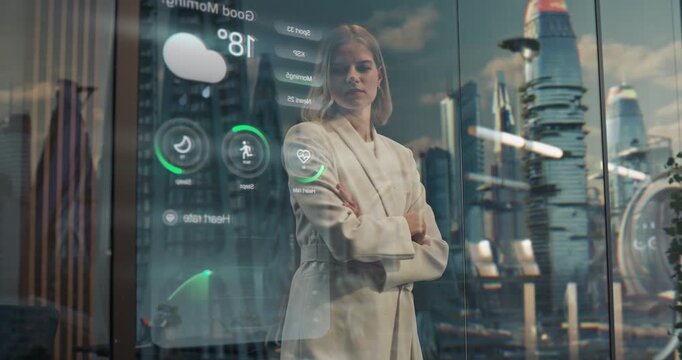 Blonde Woman Stands Arms Crossed at Smart Office Window with City View, Holographic Glass HUD Shows Weather, Fitness, Heart Rate and Market Charts Software App, Ai Lifestyle Analytics