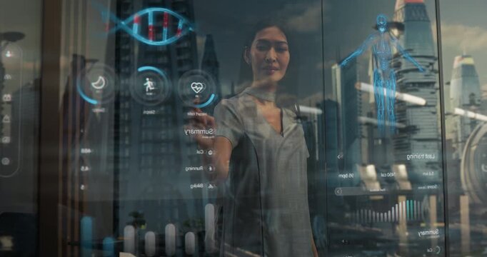Asian Woman Interacts With Futuristic Holographic Window Displaying Health Data and Heart Rate Infographics, Fitness Metrics. Innovative Augmented Reality Interface and Futuristic City in Reflection