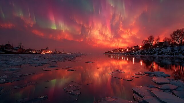 Magical northern lights above frozen river reflecting green and purple glow illustrator