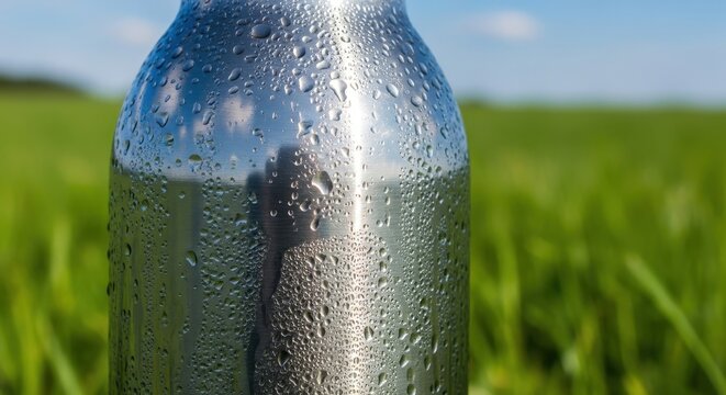 Metal Water Bottle Showcases Condensation in Lush Outdoor Setting