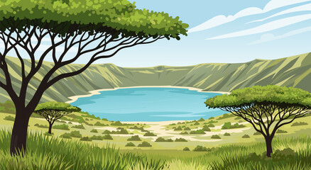 Detailed vector illustration of a serene African savanna landscape, featuring a beautiful crater lake nestled amidst green plains and iconic acacia trees © Purnomo