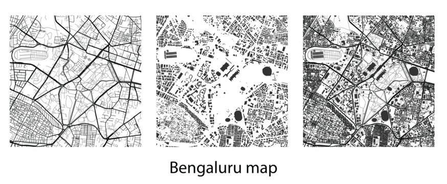 Bengaluru city map vector illustration with complex urban roads network, dense building footprints, infrastructure plan, and monochrome layout design.
